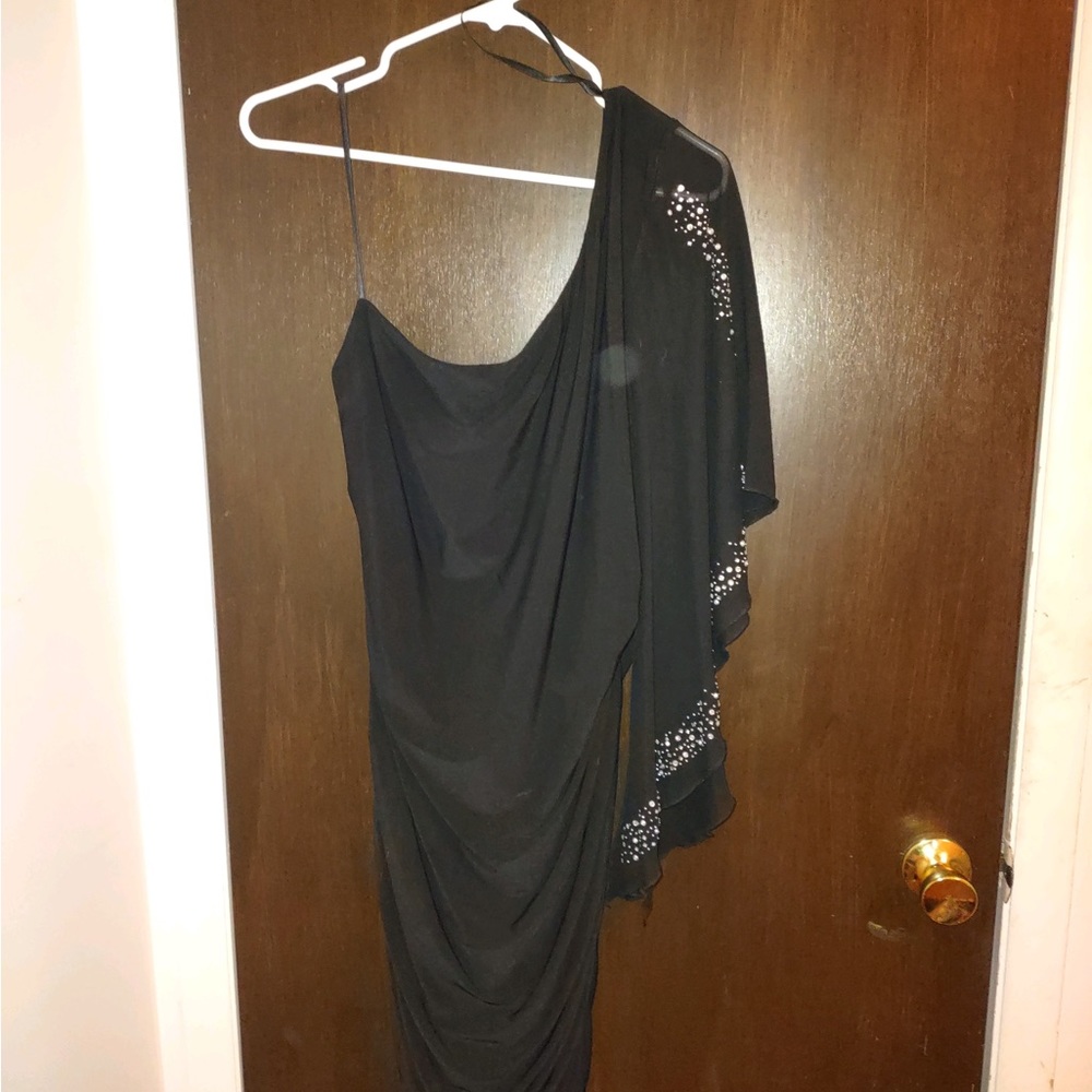 Deb brand black one shoulder dress with gems along sleeve. size 2X.